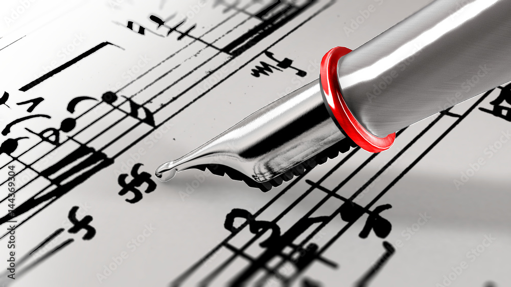 Gros plan sur le stylo plume d'un compositeur de musique écrivant les notes  sur une portée. Rendu 3D. Stock Illustration | Adobe Stock