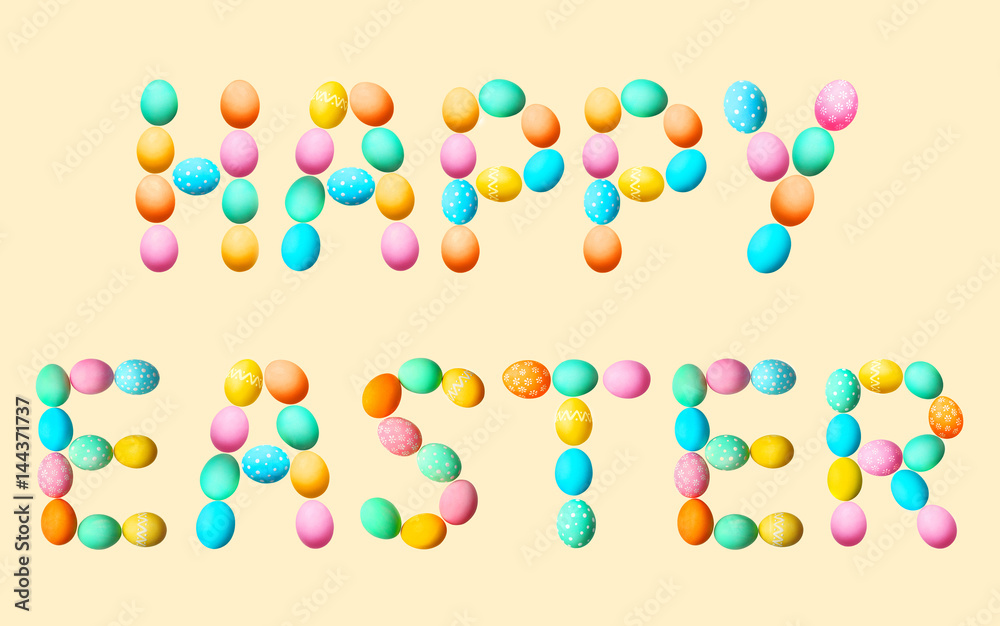 Text HAPPY EASTER made of eggs on color background