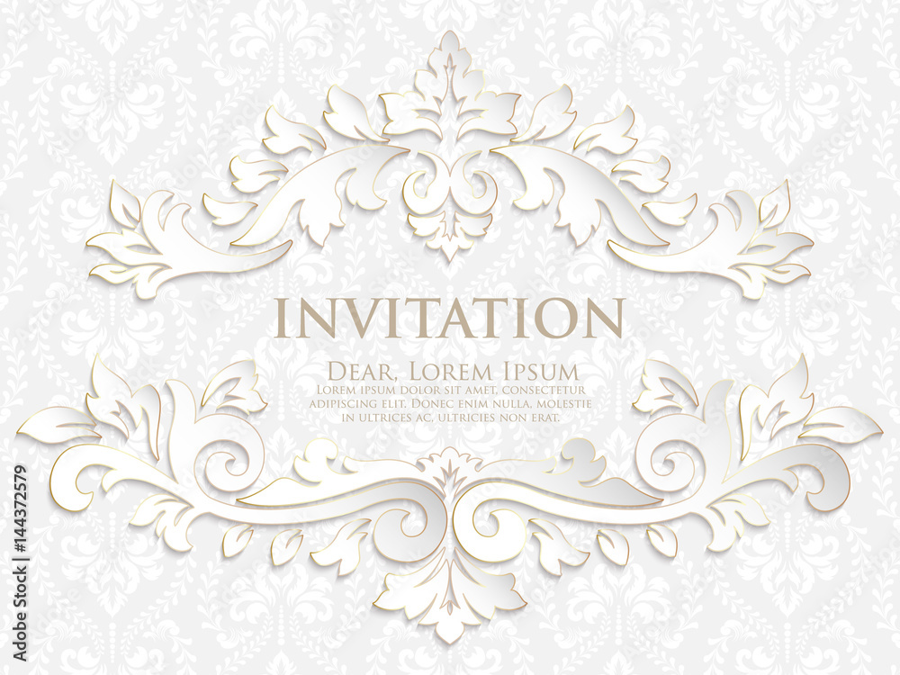 Vector invitation, cards or wedding card with damask background and elegant floral elements. Arabesque style design. Elegant floral abstract ornaments. Design element. eps10