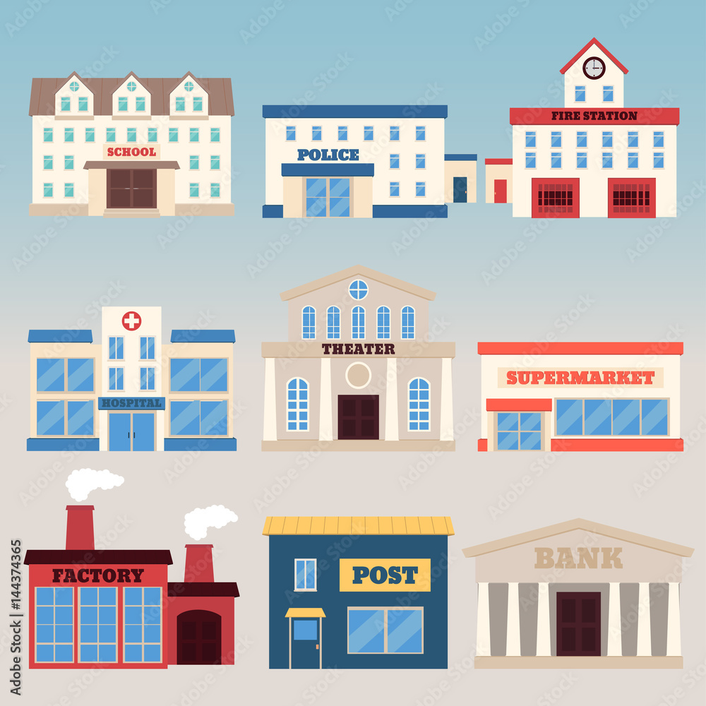 Buildings icon set. Vector illustration in flat style