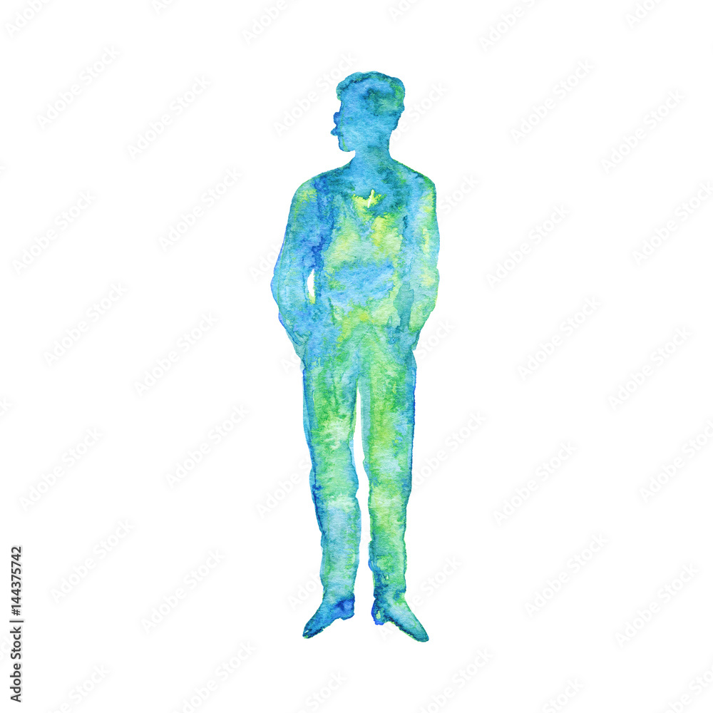 Watercolor silhouette of young man. Hand drawn abstract portrait. Painting fashion hipster illustration on white background