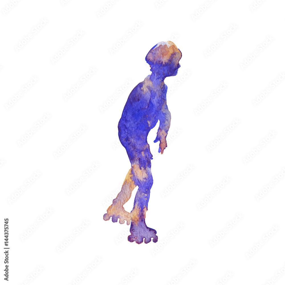 Hand drawn silhouette of roller boy. Hand drawn abstract gradient portrait. Watercolor sport illustration on white background Hand drawn silhouette of roller boy. Hand drawn abstract gradient portrait. Watercolor sport illustration on white background