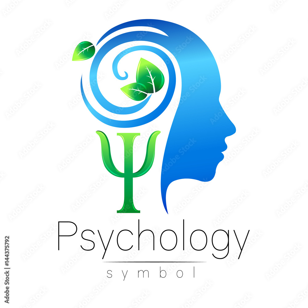Modern head Logo sign of Psychology. Profile Human. Green Leaves. Letter Psi . Symbol in vector. Design concept. Brand company. Blue color isolated on white background. Icon for web, logotype. Modern head Logo sign of Psychology. Profile Human. Green Leaves. Letter Psi . Symbol in vector. Design concept. Brand company. Blue color isolated on white background. Icon for web, logotype.