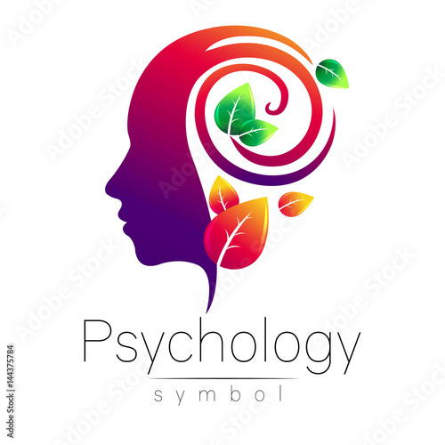 Modern head Logo sign of Psychology. Profile Human. Green Leaves. Creative style. Symbol in vector. Design concept. Brand company. Violet color isolated on white background. Icon for web, logotype.