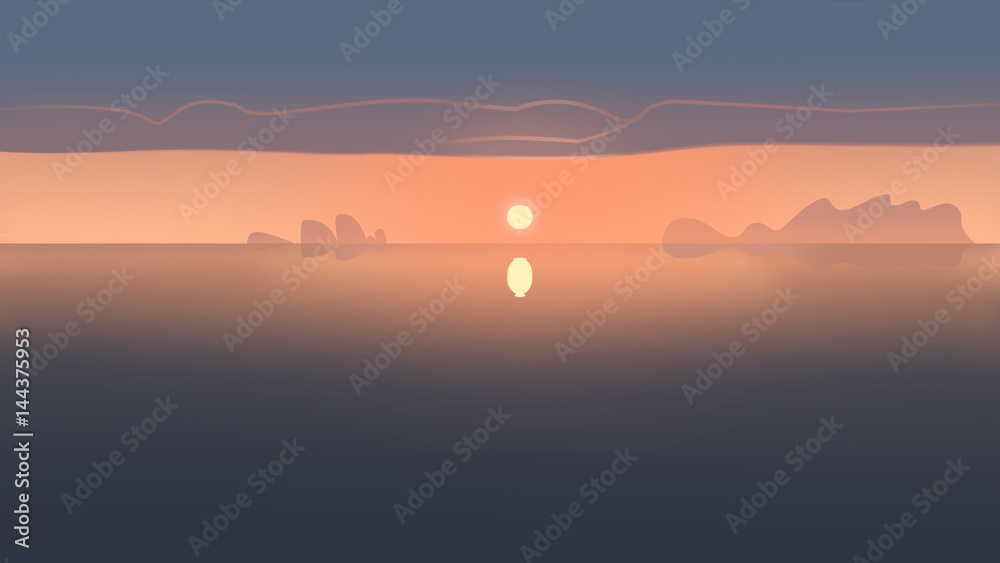 Obraz premium cartoon illustration of sunrise on the sea