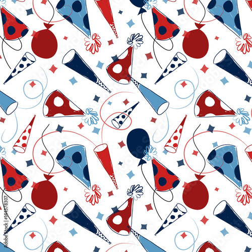 Red, white, blue, seamless pattern vector background illustration. Party hats, noisemakers and confetti. July 4th, New Year, holiday, patriotic. 