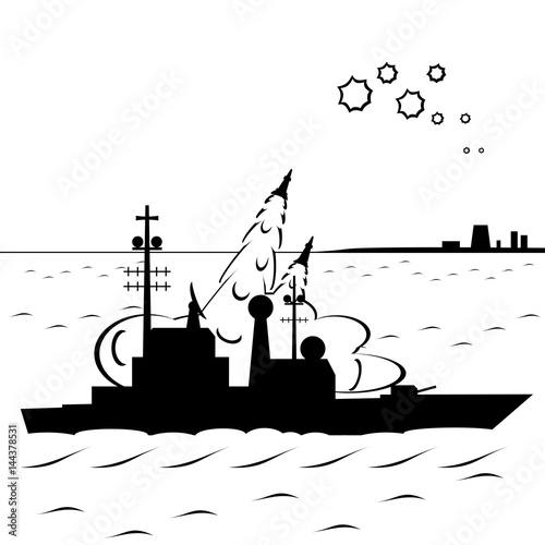 The battleship conducts combat operations using rockets.