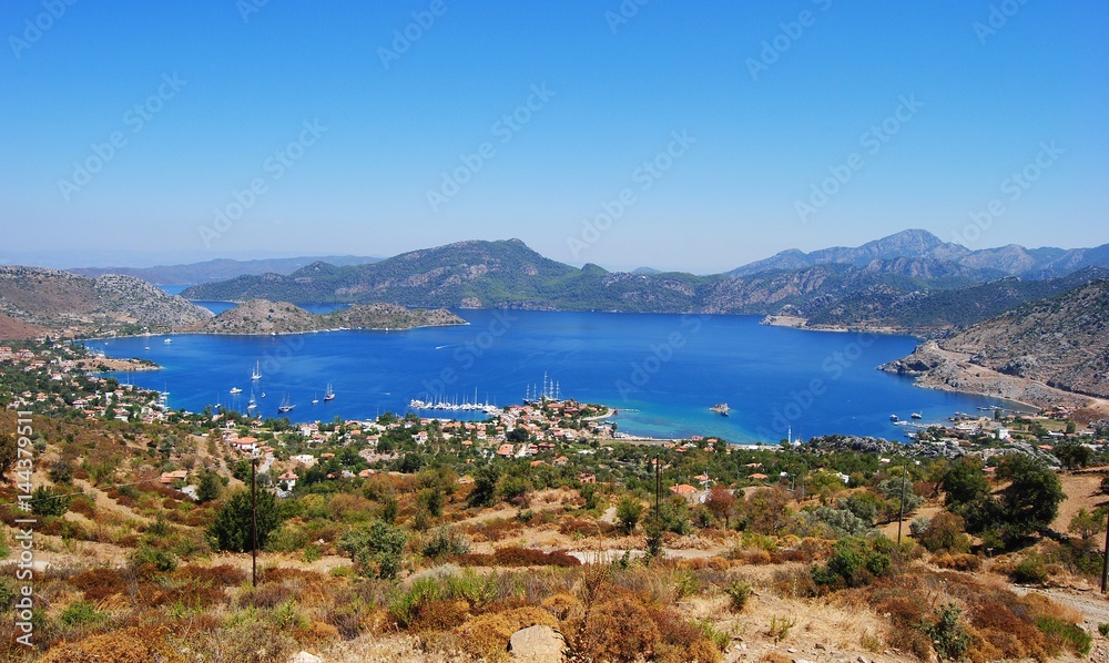 View over Selimiye village and Selimiye bay on Bozburun peninsula near Marmaris resort town in Turkey.