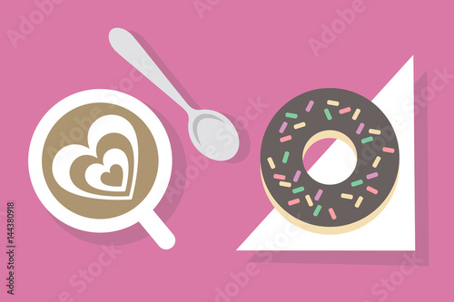 Coffee break: coffee and donut // top view flat vector illustration