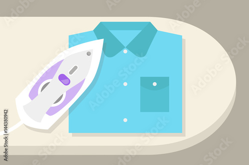 Top view illustration: ironing the clothes / editable vector cartoon