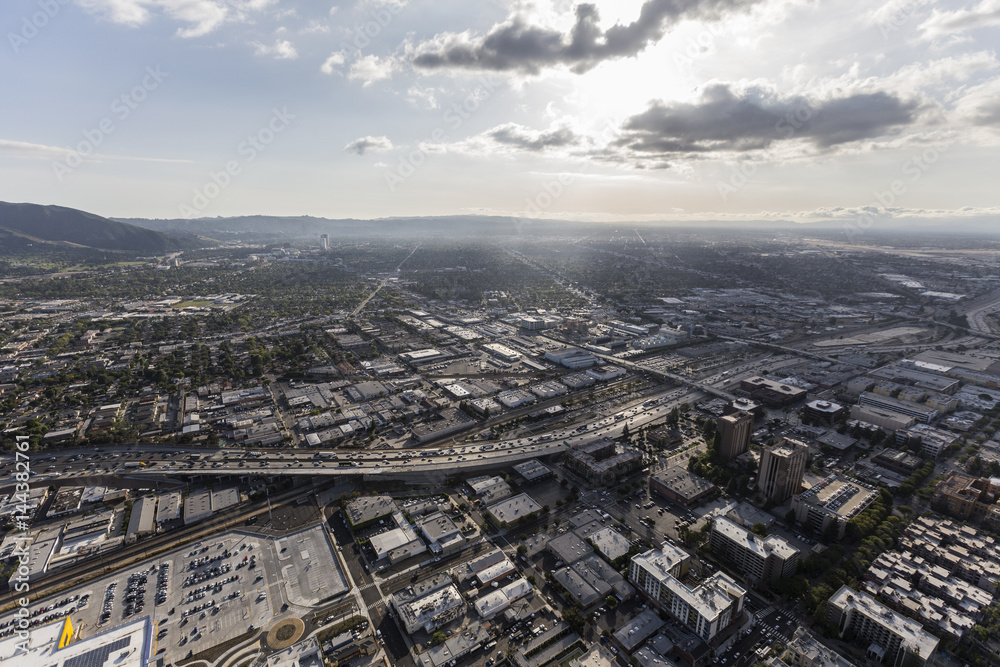 Fototapeta premium Aerial view of downtown Burbank and the Golden State 5 Freeway near Los Angeles, California.