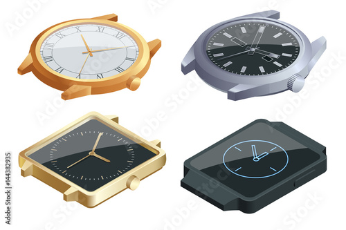 Isometric set of of wristwatches isolated on white background. Time on wrist watch concept. Flat 3d vector illustration.