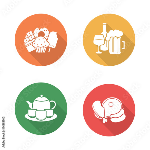 Grocery store products. Flat design long shadow icons set