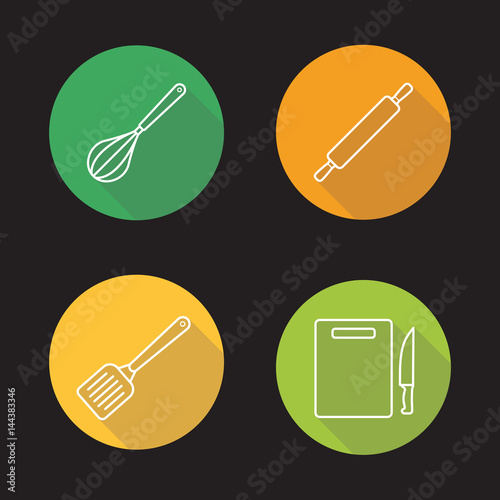 Kitchen tools flat linear long shadow icons set