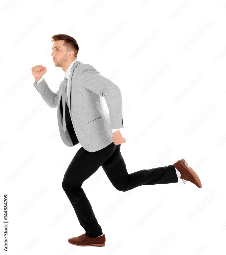 Handsome running businessman on white background Handsome running businessman on white background
