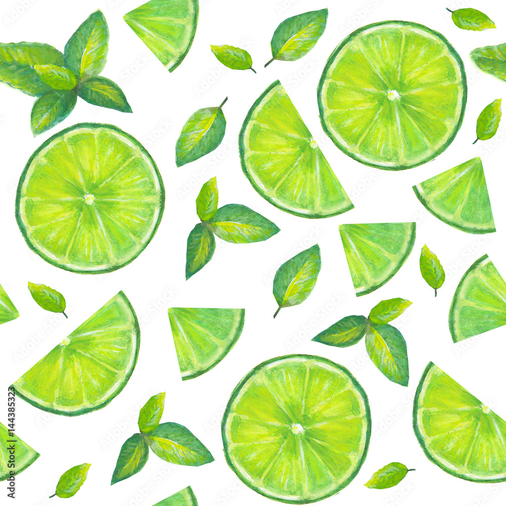 Summer green background. Lime slices and mint leaves seamless pattern. Watercolor hand drawn bright cocktail color mojito seamless texture with tropical natural organic citrus slices on white