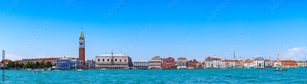 Panoramic cityscape beautiful ancient town. Venice, laguna view on Piazza San Marco with Campanile, Doge Palace. Venice, Italy.