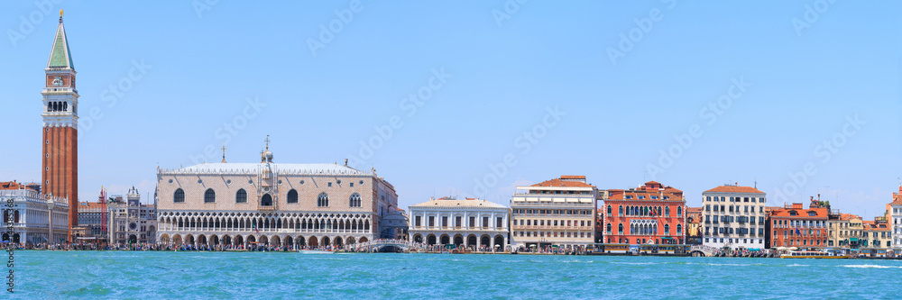 Fototapeta premium Panoramic cityscape beautiful ancient town. Venice, laguna view on Piazza San Marco with Campanile, Doge Palace. Venice, Italy.