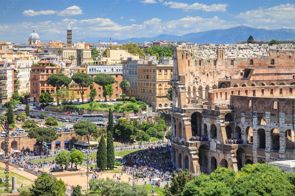 Aerial view of Colosseum square in Rome, Italy. Rome architecture and landmark. Rome Colosseum is one of the main attractions of Rome and the world.