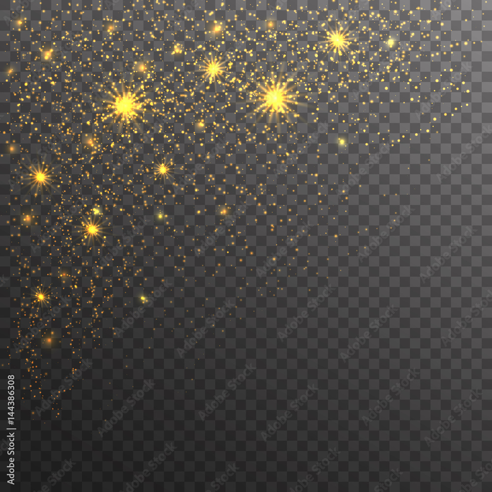 Gold glitter sparkles on transparent background. Vector golden dust texture. Twinkling confetti, shimmering star lights. Vector illustration.