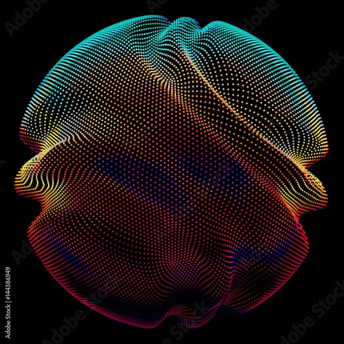 Abstract vector colorful mesh sphere on dark background. Futuristic style card. Elegant background for business presentations. Corrupted point sphere. Chaos aesthetics.