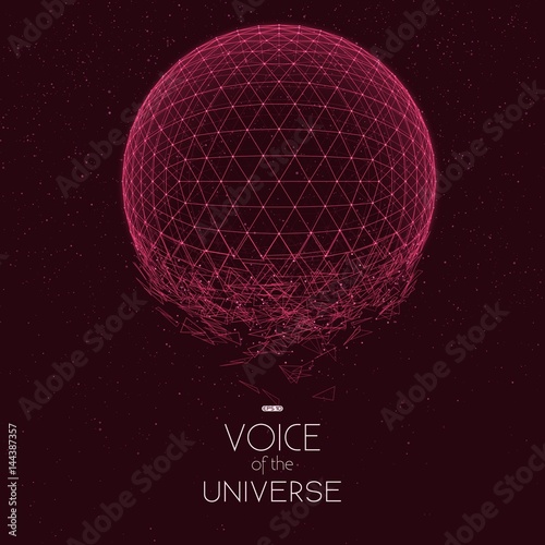 Crashing red space sphere. Abstract vector background with tiny stars. Glow of sun from the bottom. Abstract space geometry. Sparkles of alien stars on the backdrop. Disintegration of cyber sphere.