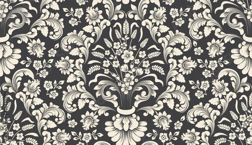 Vector damask seamless pattern element. Classical luxury old fashioned damask ornament, royal victorian seamless texture for wallpapers, textile, wrapping. Exquisite floral baroque template. photo
