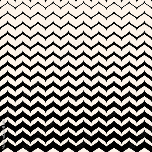 Vector monochrome texture, black & white seamless pattern with curly zigzag lines. Abstract geometric background. Halftone transition effect. Smooth stripes, repeat tiles. Design for decor, cover, web