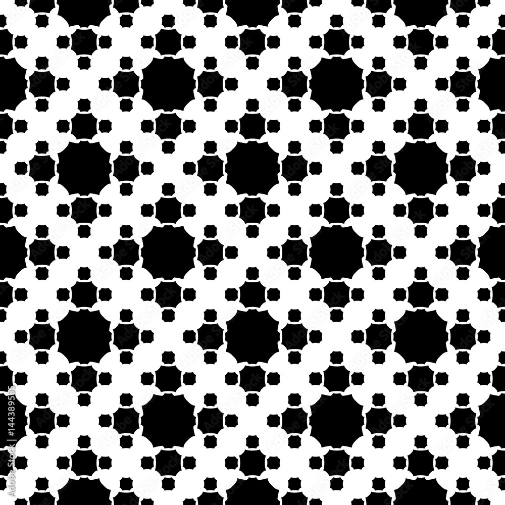 Vector monochrome texture, simple geometric seamless pattern, black octagonal figures on white backdrop. Abstract repeat background for prints, decor, textile, fabric, cover, furniture, clothes, paper Vector monochrome texture, simple geometric seamless pattern, black octagonal figures on white backdrop. Abstract repeat background for prints, decor, textile, fabric, cover, furniture, clothes, paper