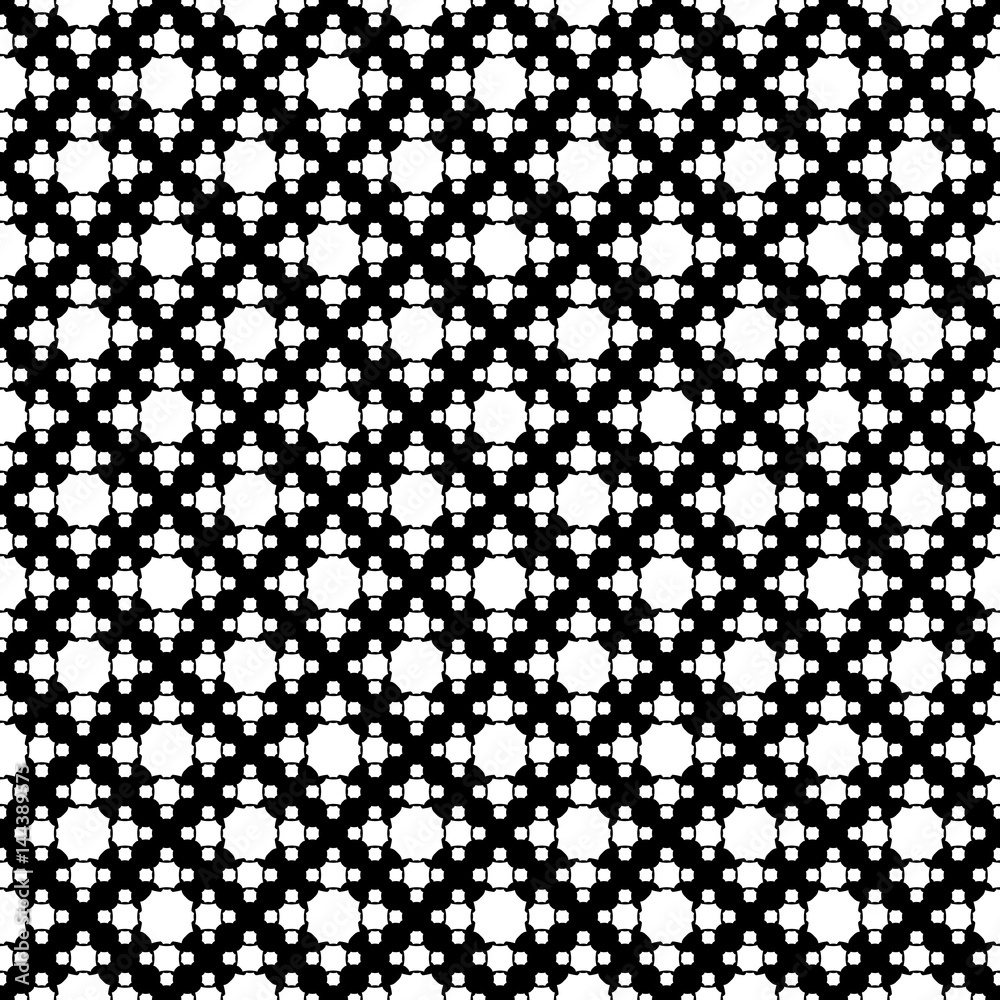 Vector monochrome texture, simple geometric seamless pattern, white octagonal figures on black backdrop. Abstract repeat background for prints, decor, textile, fabric, cover, furniture, clothes, paper