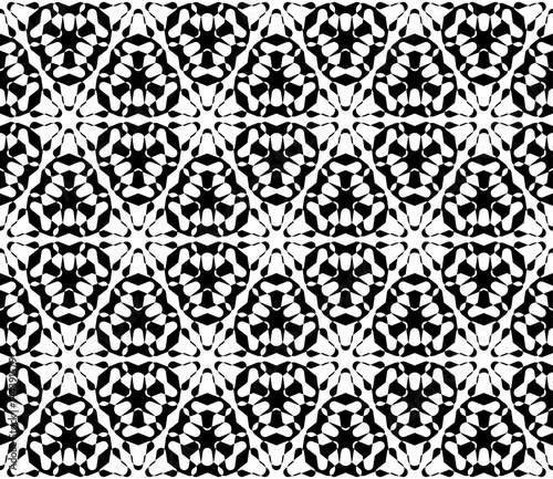 Vector monochrome texture, abstract black & white ornamental background. Illustration of lattice, floral figures, repeat tiles. Smooth geometric seamless pattern. Design for print, decor, digital, web