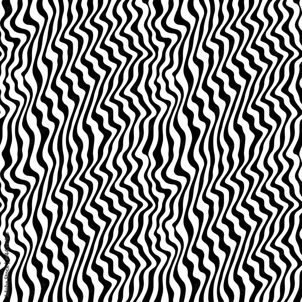 Vector monochrome texture, black & white seamless pattern, abstract curved lines. 3D visual effect, illusion of movement. Dynamical wavy stripes, rippled background. Modern stylish design, pop art 