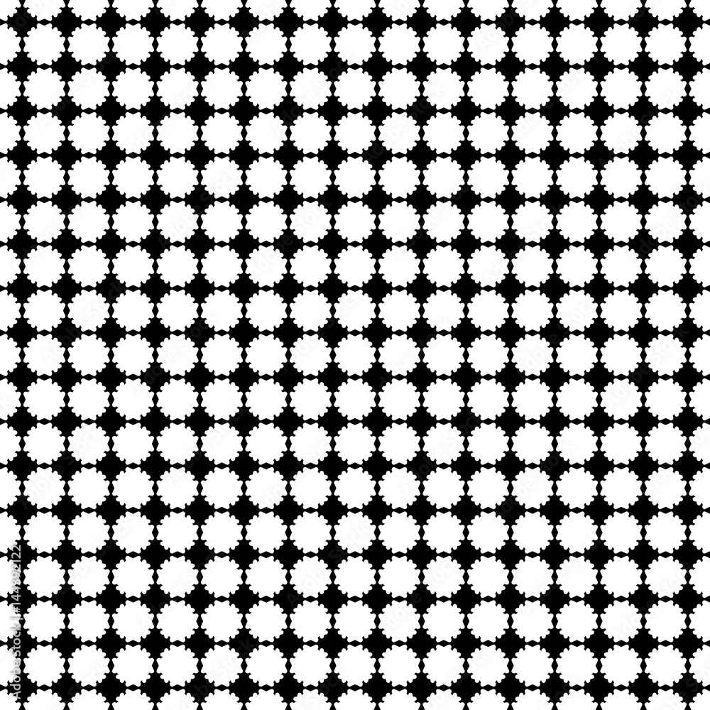 Simple vector monochrome texture, black & white geometric seamless pattern with flat flower silhouettes. Square symmetric illustration. Abstract design element for prints, decor, cloth, textile, cover