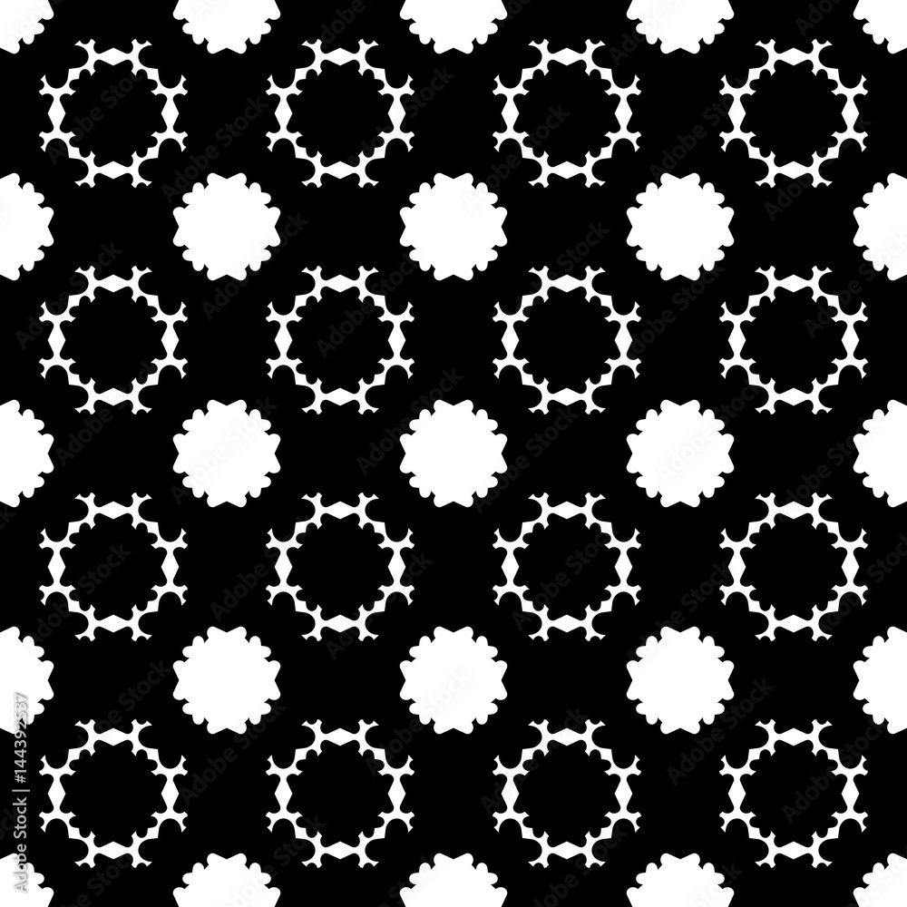 Vector seamless pattern, simple dark floral background. Monochrome geometric texture with round carved figures, flower silhouettes. Design element for tileable print, decoration, fabric, cloth, cover