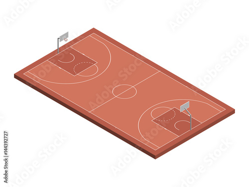 3D isometric basketball court with official dimensions. Sport theme vector illustration, athletic field, playground, stadium. Perspective view. Isolated design element for infographics, collage