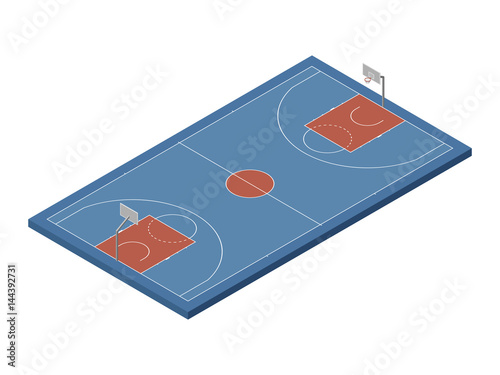 3D isometric basketball court with official dimensions, blue & orange colors. Sport theme vector illustration, athletic field, playground, stadium. Perspective view. Isolated editable design element 