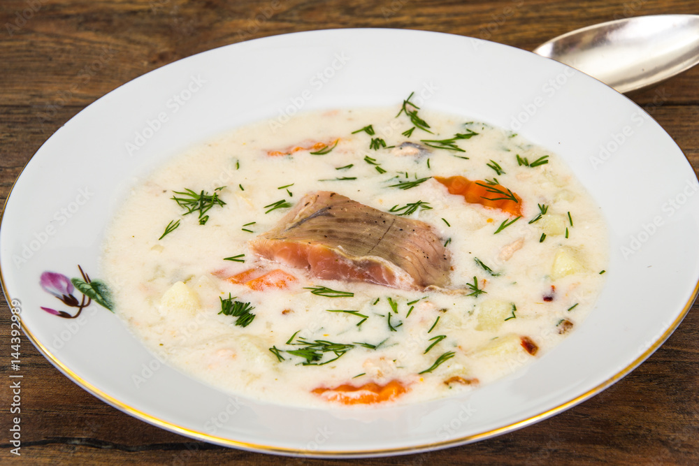 Milk cream soup with vegetables and trout Milk cream soup with vegetables and trout