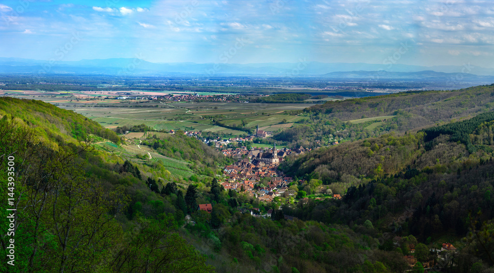 High resolution aerial view of village Andlau in Alsace, France
