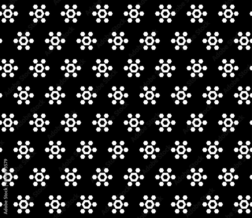 Monochrome geometric seamless pattern, simple vector texture with white geometrical hexagonal floral figures on black background. Abstract dark repeat background. Design for print, decor, textile, web