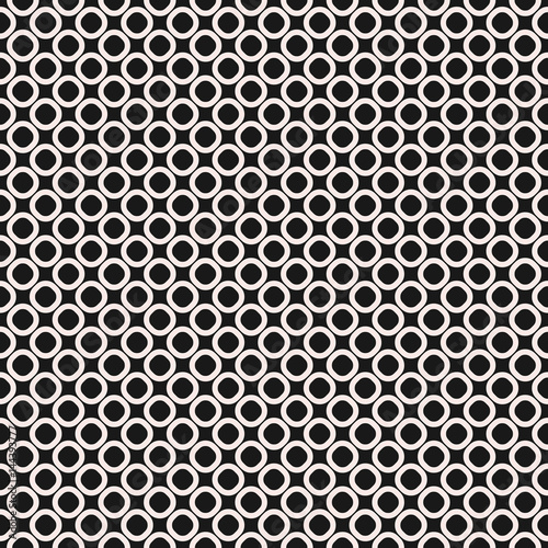 Vector seamless pattern, black & white geometric background, small staggered rings & circles. Simple shapes, dark abstract monochrome texture, repeat tiles. Design for prints, furniture, digital, web
