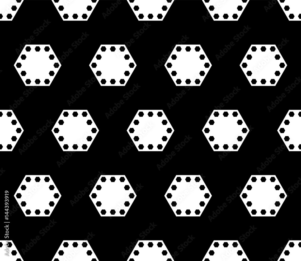 Vector geometric seamless pattern, black & white abstract background with big perforated hexagons. Dark monochrome texture, repeat tiles. Design for prints, decor, textile, fabric, furniture, covers Vector geometric seamless pattern, black & white abstract background with big perforated hexagons. Dark monochrome texture, repeat tiles. Design for prints, decor, textile, fabric, furniture, covers