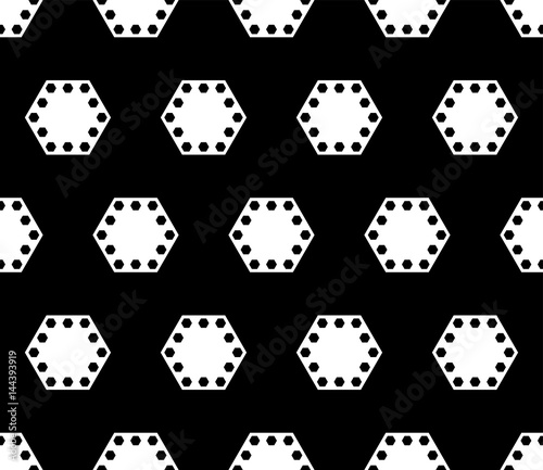 Vector geometric seamless pattern  black   white abstract background with big perforated hexagons. Dark monochrome texture  repeat tiles. Design for prints  decor  textile  fabric  furniture  covers