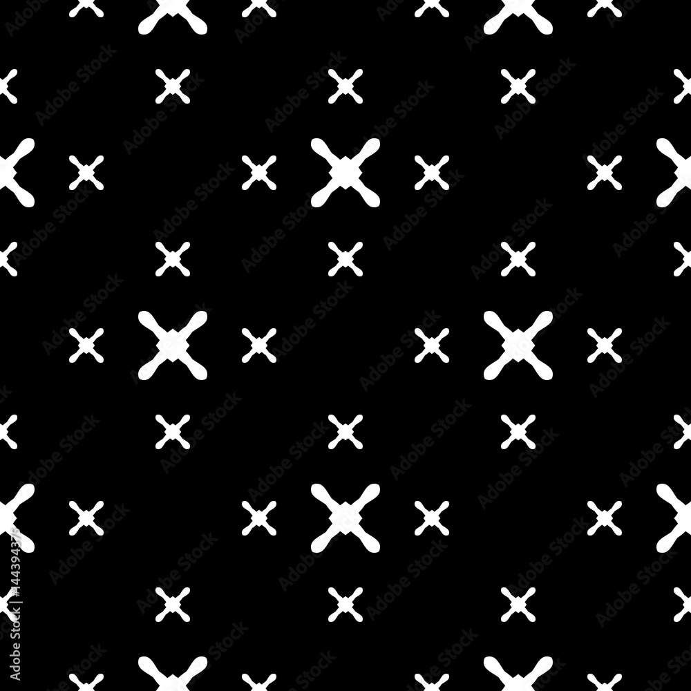 Vector minimalist seamless pattern, texture with white different sized crosses on black background. Abstract geometric design. Monochrome element for printing, embossing, decor, textile, digital, web Vector minimalist seamless pattern, texture with white different sized crosses on black background. Abstract geometric design. Monochrome element for printing, embossing, decor, textile, digital, web