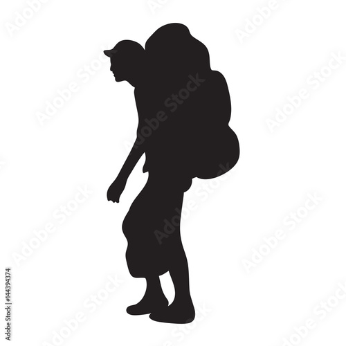 Tourist with backpack vector silhouette illustration isolated on white background. Female passenger walking. Camping girl traveling.