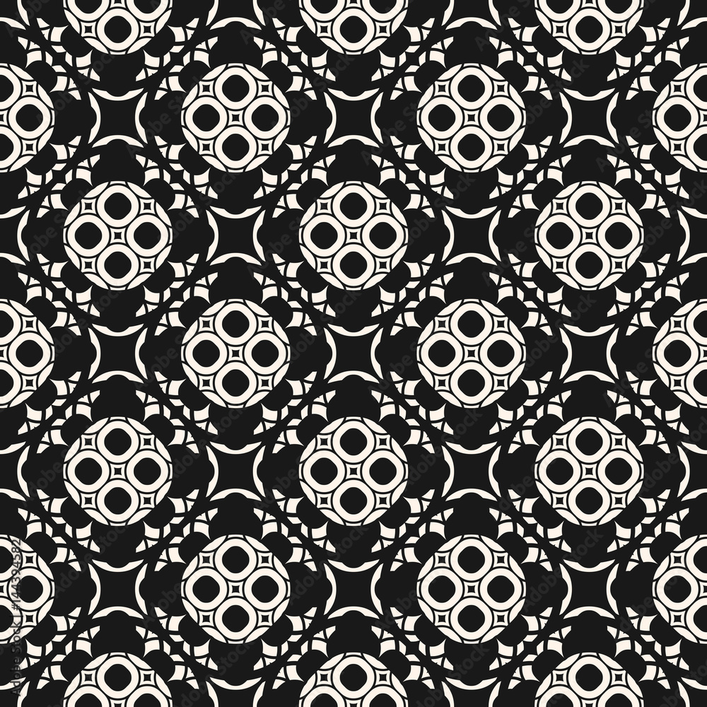 Vector ornament, arabesque seamless pattern. Black & white abstract geometric background, monochrome illustration of delicate lattice with floral figures. Mosaic texture, oriental design, repeat tiles