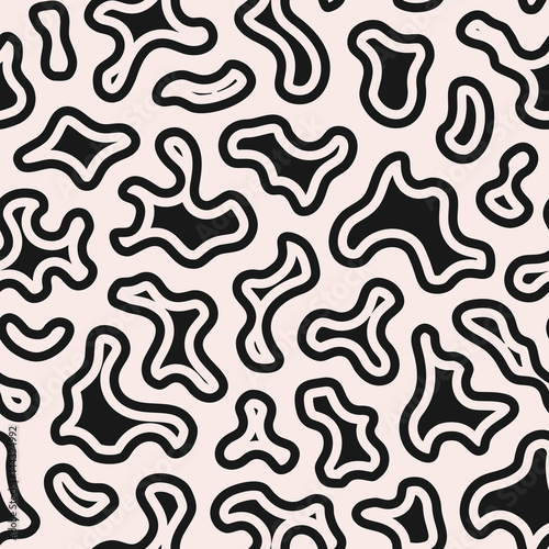 Vector seamless pattern with abstract spots. Black & white texture with smooth curved outline figures. Monochrome camouflage illustration. Dazzle paint background. Design for prints, decor, package