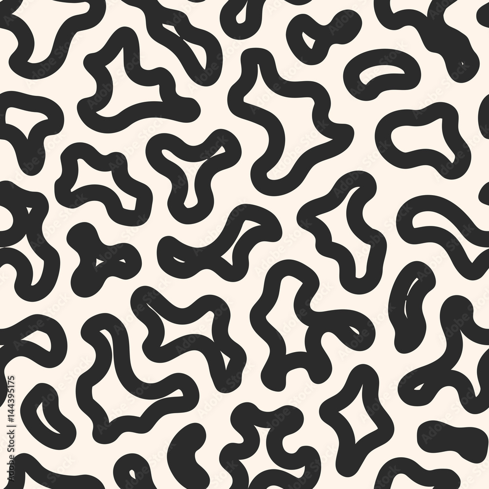 Vector seamless pattern with abstract spots. Black & white texture with big curved patches. Monochrome camouflage illustration. Repeat background. Design for prints, decor, covers, textile, clothes