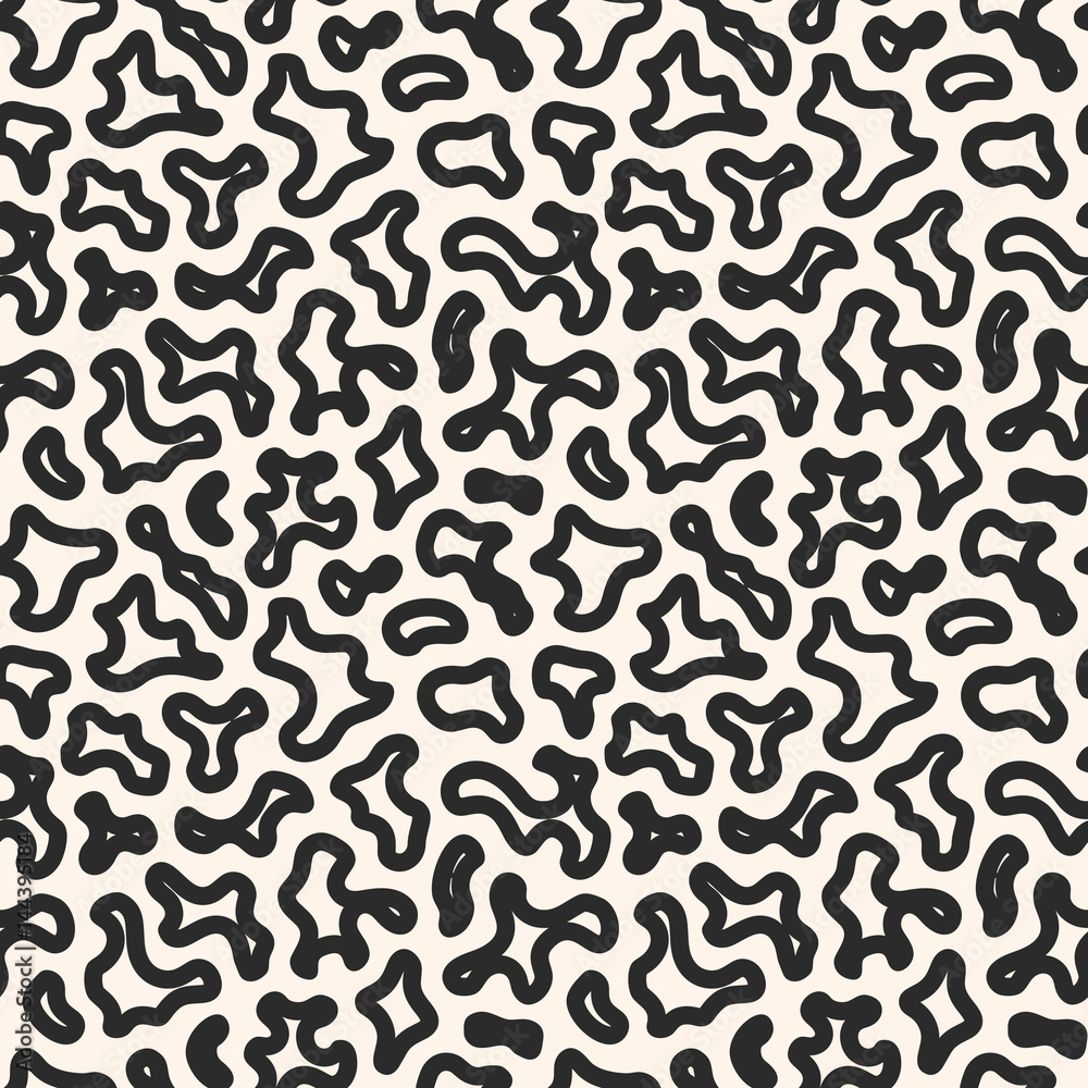 Vector seamless pattern with abstract spots. Black & white texture with small curved patches. Monochrome camouflage illustration. Repeat background. Design for prints, decor, package, furniture, cover
