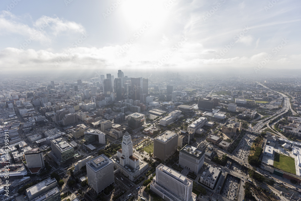 Aerial view of afternoon clouds over downtown Los Angeles in Southern California.  