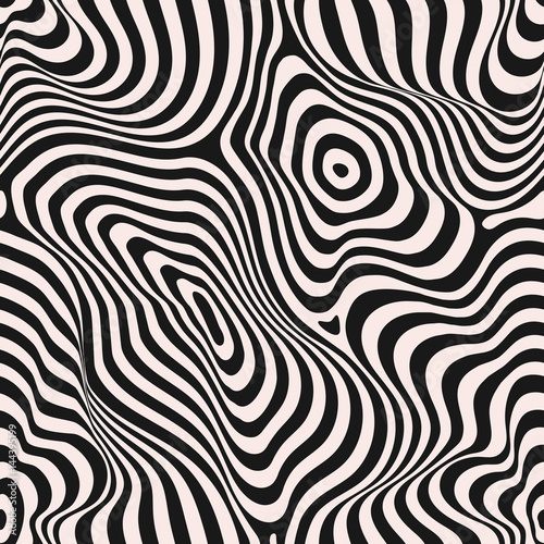 Vector monochrome seamless pattern, curved lines, striped black & white background. Abstract dynamical crumpled texture, 3D visual effect, illusion of movement, curvature. Pop art design, repeat tiles